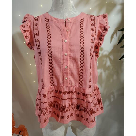 LOFT Tops - Loft NWT Womens Floral Embroidered Henley Button Peplum Shell Top Size M Pink